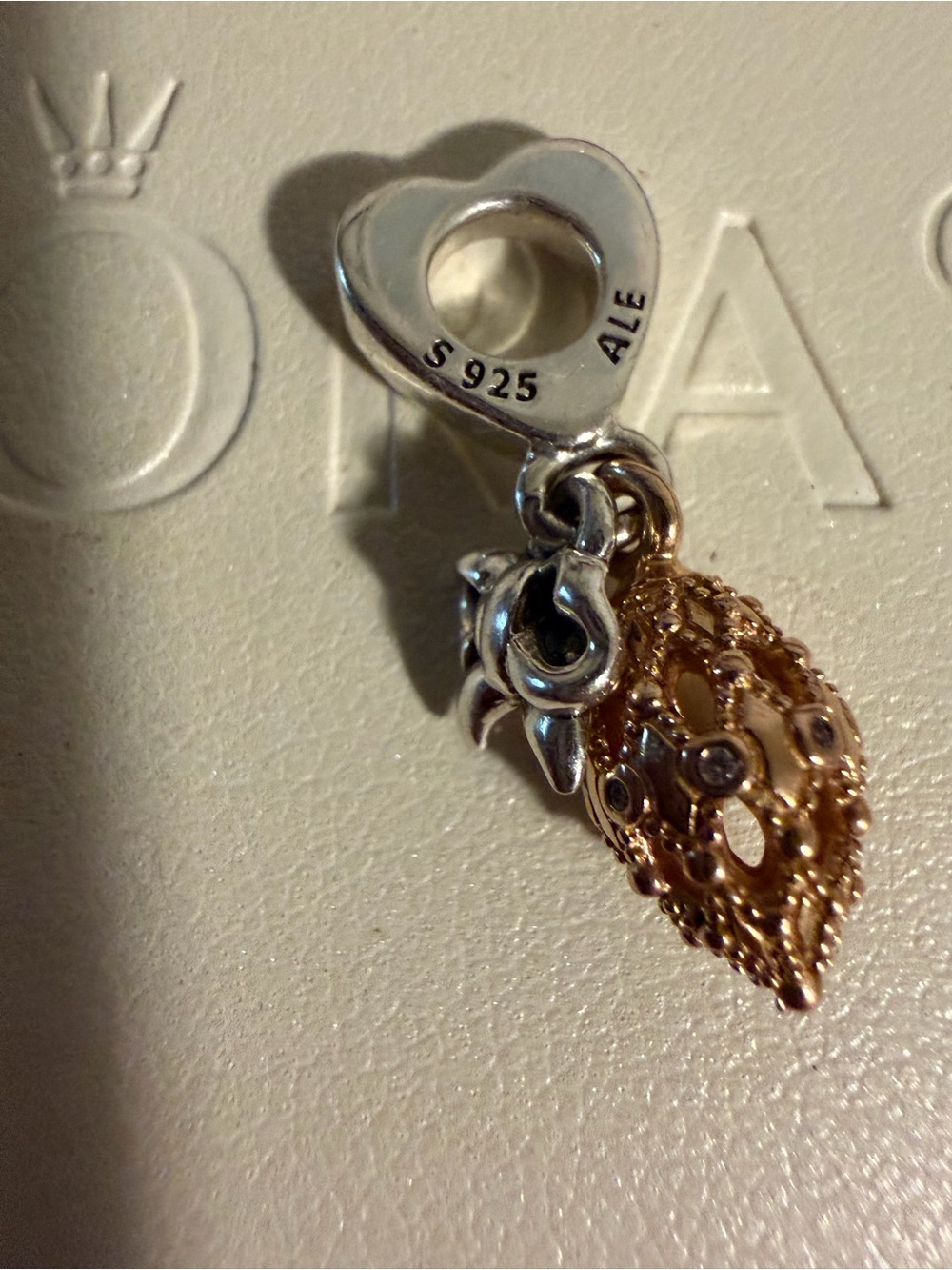 Pandora Silver Heart Bail with Rose Gold Filigree Drop